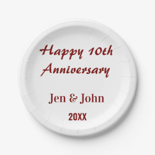 Happy 10th wedding anniversary mauve simple name paper plate