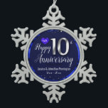 Happy 10th Wedding Anniversary Snowflake Pewter Christmas Ornament<br><div class="desc">Lovely blue Happy 10th Anniversary ornament. Faux foil on 10th and as a border frame. Blue oil background created by Valarie Wade. Tiny blue heart gem in the upper corner. Names and dates are adjustable.</div>