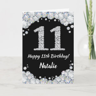 Happy 11th Birthday Black and Silver Glitter Card