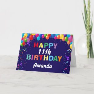 Happy 11th Birthday Colorful Balloons Navy Blue Card