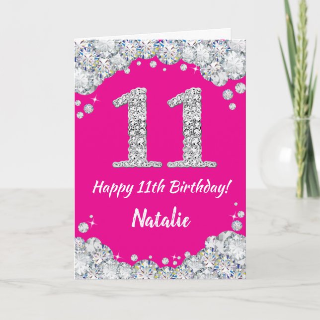 Happy 11th Birthday Hot Pink and Silver Glitter Card (Front)