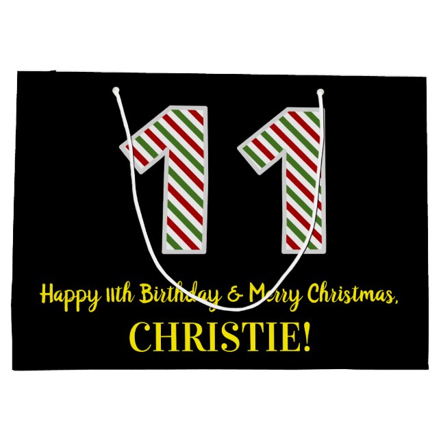 Happy 11th Birthday & Merry Christmas, Custom Name Large Gift Bag (Back)