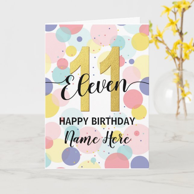 Happy 11th Birthday Pastel Rainbow and Gold Girl Card (Yellow Flower)