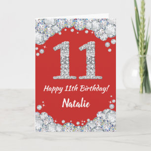 Happy 11th Birthday Red and Silver Glitter Card