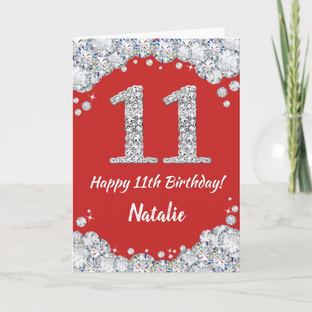 Happy 11th Birthday Red and Silver Glitter Card (Front)