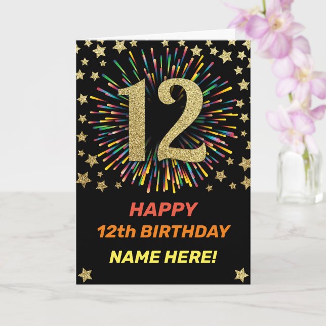 Happy 12th Birthday Black & Gold Rainbow Firework Card (Orchid)