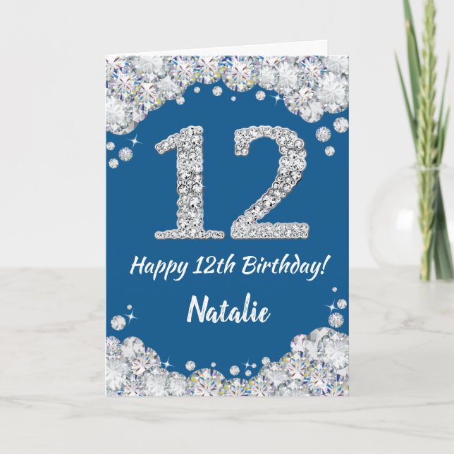 Happy 12th Birthday Blue and Silver Glitter Card (Front)