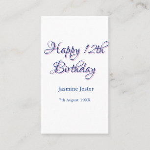 happy 12th birthday blue pink name date simple min business card