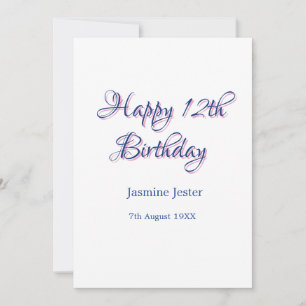 happy 12th birthday blue pink name date simple min invitation