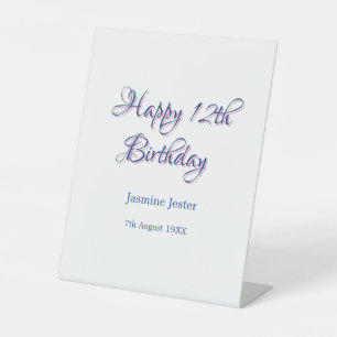 happy 12th birthday blue pink name date simple min pedestal sign