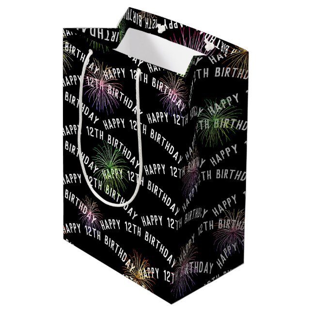 Happy 12th Birthday fireworks on black Medium Gift Bag (Back Angled)
