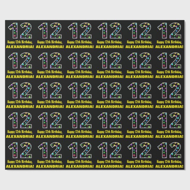 Happy 12th Birthday, Fun Colourful Stars Pattern 1 Wrapping Paper (Flat)