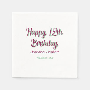 happy 12th birthday green pink name date simple napkin
