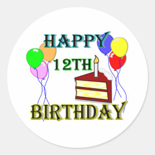 Happy 12th Birthday with Cake, Balloons and Candle Classic Round Sticker
