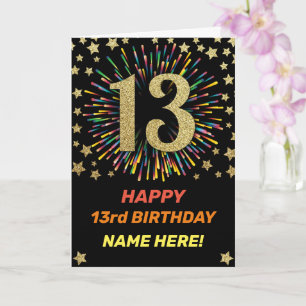 Happy 13rd Birthday Black & Gold Rainbow Firework Card