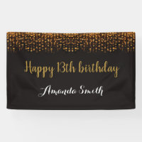Happy 13th Birthday Banner. Black and Gold Glitter