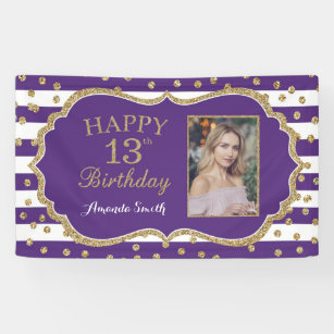Happy 13th Birthday Banner Purple Gold Photo