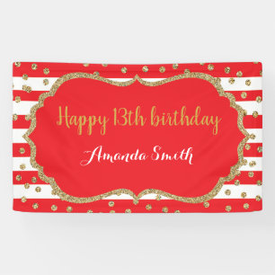 Happy 13th Birthday Banner Red Gold Glitter