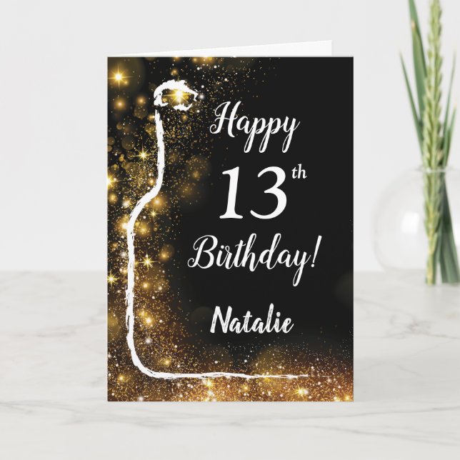Happy 13th Birthday Black and Gold Glitter Wine Card (Front)
