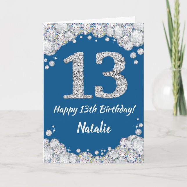 Happy 13th Birthday Blue and Silver Glitter Card (Front)