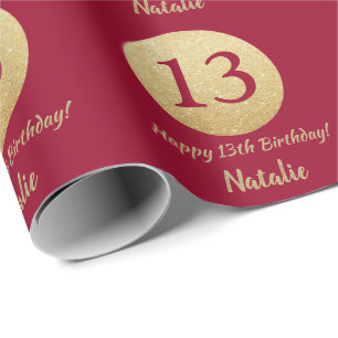 Happy 13th Birthday Burgundy Red and Gold Glitter Wrapping Paper