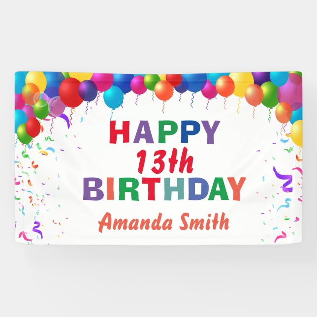 Happy 13th Birthday Colourful Balloons White Banner (Horizontal)