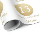 Happy 13th Birthday Gold Glitter and White Wrapping Paper<br><div class="desc">Happy 13th Birthday Gold Glitter and White Wrapping Paper with personalised name. For further customisation,  please click the "Customise it" button and use our design tool to modify this template.</div>