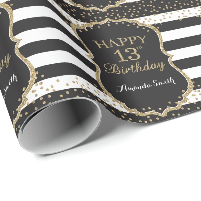 Happy 13th Birthday Gold Glitter Wrapping Paper (Roll Corner)