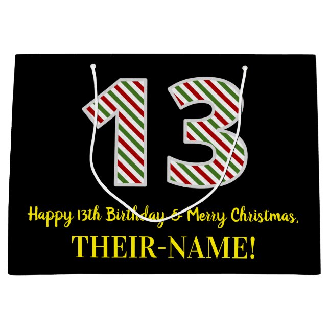 Happy 13th Birthday & Merry Christmas, Custom Name Large Gift Bag (Front)