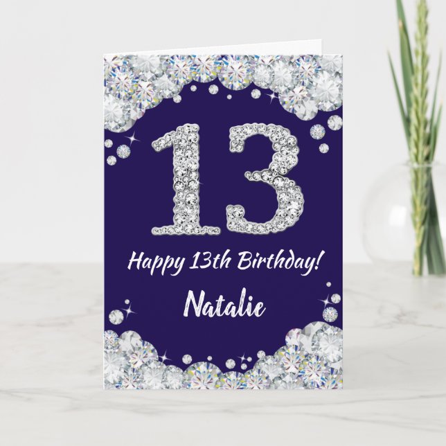 Happy 13th Birthday Navy Blue and Silver Glitter Card (Front)