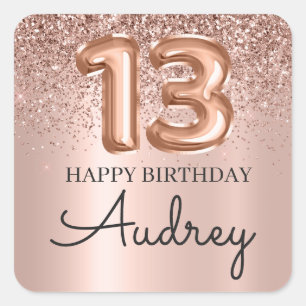  Happy 13th Birthday Rose Gold Glitter Monogram  Square Sticker