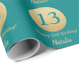 Happy 13th Birthday Teal and Gold Glitter Wrapping Paper