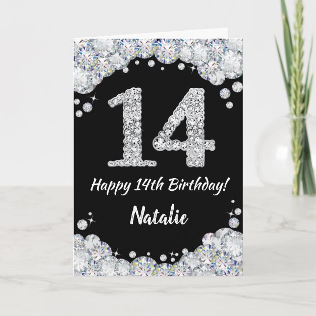 Happy 14th Birthday Black and Silver Glitter Card (Front)