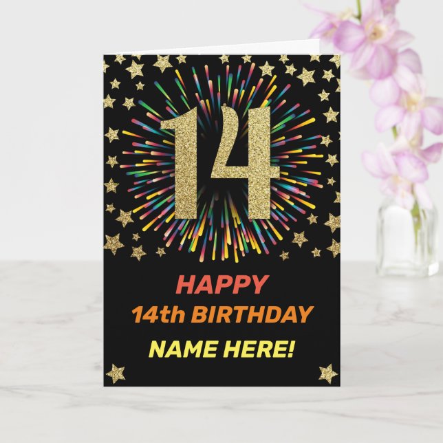 Happy 14th Birthday Black & Gold Rainbow Firework Card (Orchid)