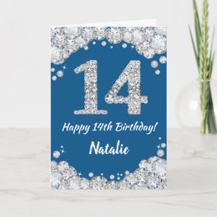 Happy 14th Birthday Blue and Silver Glitter Card