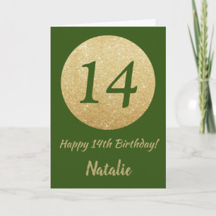 Happy 14th Birthday Green and Gold Glitter Card