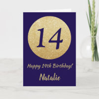 Happy 14th Birthday Navy Blue and Gold Glitter