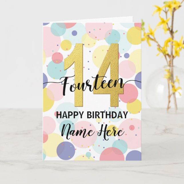 Happy 14th Birthday Pastel Rainbow and Gold Girl Card (Yellow Flower)