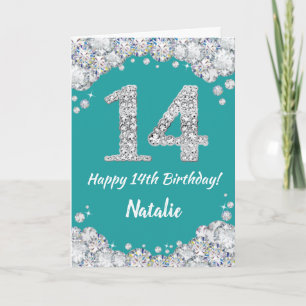 Happy 14th Birthday Teal and Silver Glitter Card