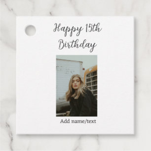 Happy 15th birthday add name photo text modern favour tags