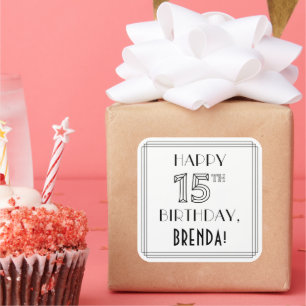 HAPPY 15TH BIRTHDAY, Art Deco Style, Custom Name Square Sticker