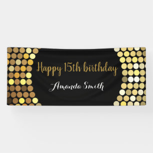 Happy 15th Birthday Banner Black and Gold Glitter