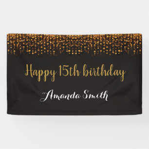 Happy 15th Birthday Banner. Black and Gold Glitter Banner