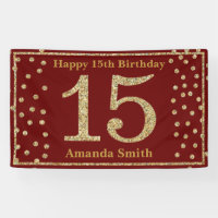 Happy 15th Birthday Banner Burgundy Red Gold