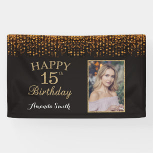 Happy 15th Birthday Banner. Gold Glitter Photo Banner