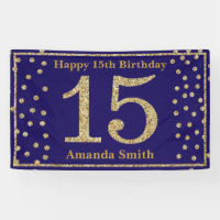 Happy 15th Birthday Banner Navy Blue Gold Glitter