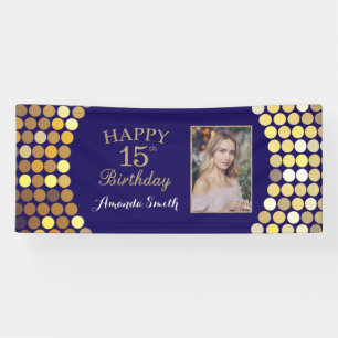 Happy 15th Birthday Banner. Navy Blue Gold Photo Banner