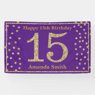 Happy 15th Birthday Banner Purple and Gold Glitter