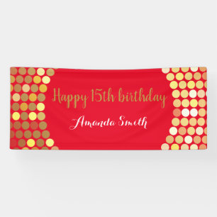 Happy 15th Birthday Banner Red Gold Glitter