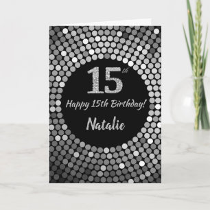 Happy 15th Birthday Black and Silver Glitter Card
